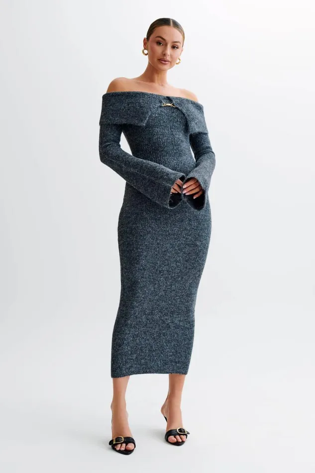 Women Meshki Dresses Baxter Off Shoulder Fluffy Knit Midi Dress 8211 Charcoal
