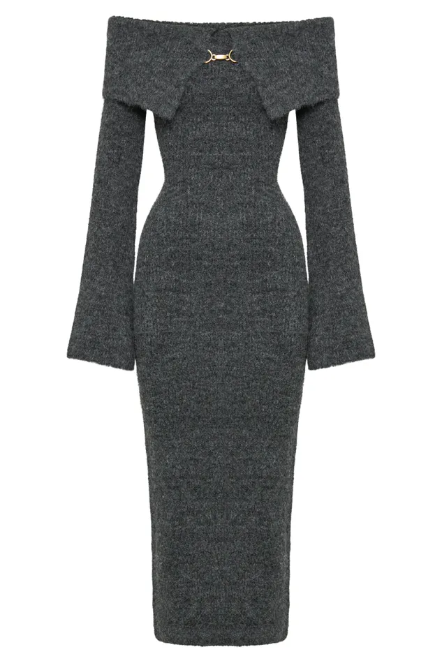 Women Meshki Dresses Baxter Off Shoulder Fluffy Knit Midi Dress 8211 Charcoal