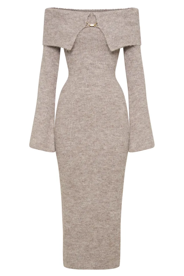 Women Meshki Dresses Baxter Off Shoulder Fluffy Knit Midi Dress 8211 Taupe Marle