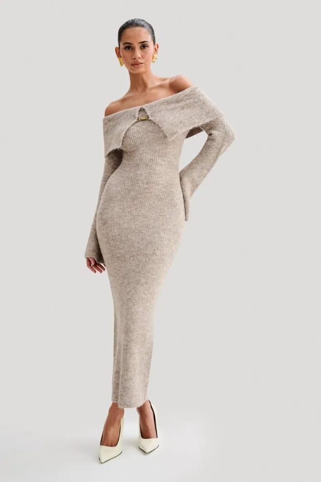 Women Meshki Dresses Baxter Off Shoulder Fluffy Knit Midi Dress 8211 Taupe Marle
