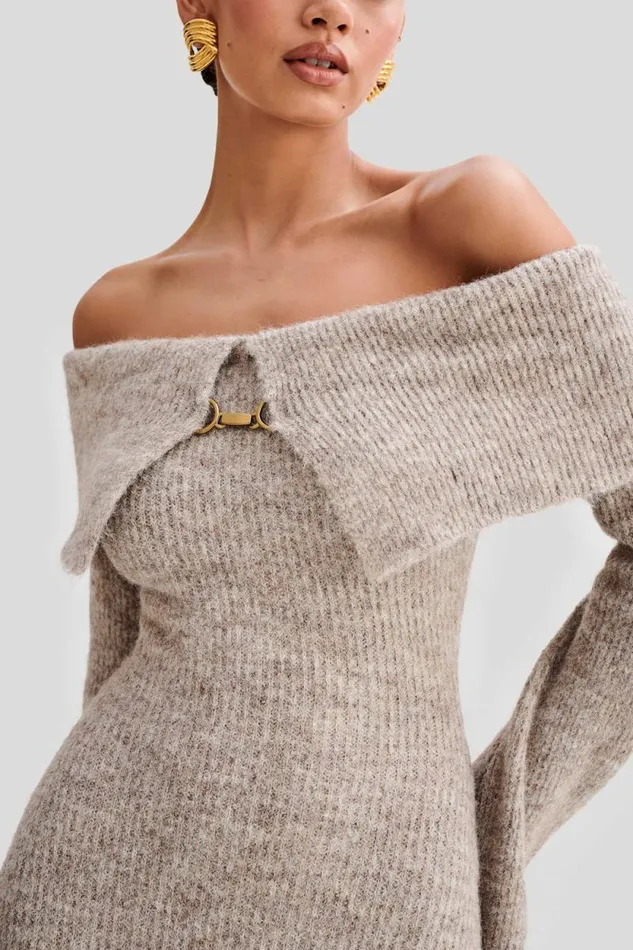 Women Meshki Dresses Baxter Off Shoulder Fluffy Knit Midi Dress 8211 Taupe Marle