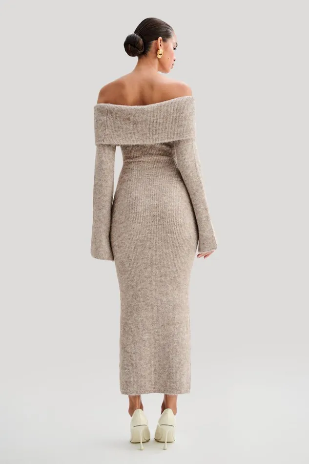 Women Meshki Dresses Baxter Off Shoulder Fluffy Knit Midi Dress 8211 Taupe Marle