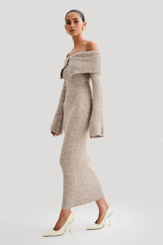 Women Meshki Dresses Baxter Off Shoulder Fluffy Knit Midi Dress 8211 Taupe Marle