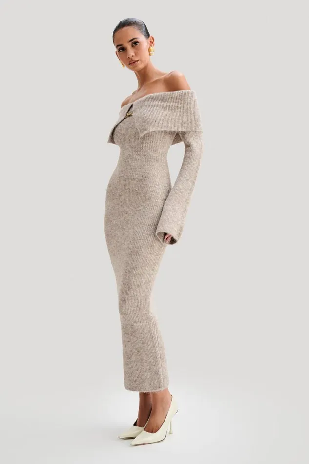 Women Meshki Dresses Baxter Off Shoulder Fluffy Knit Midi Dress 8211 Taupe Marle