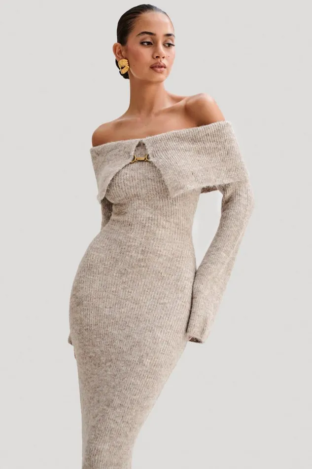 Women Meshki Dresses Baxter Off Shoulder Fluffy Knit Midi Dress 8211 Taupe Marle