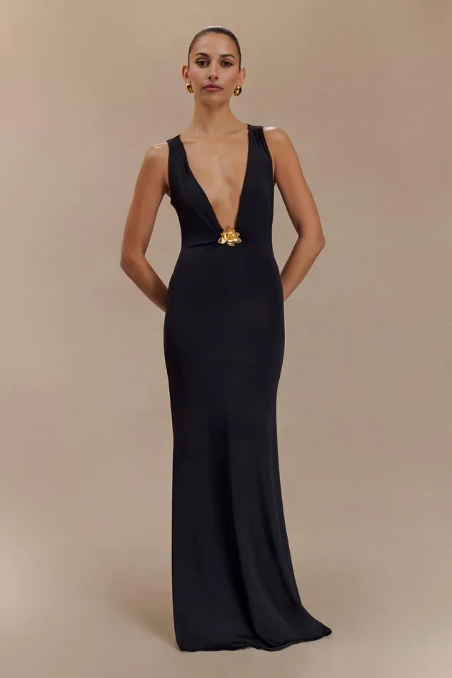 Women Meshki Dresses Beck Plunge Maxi Dress With Floral Hardware 8211 Black