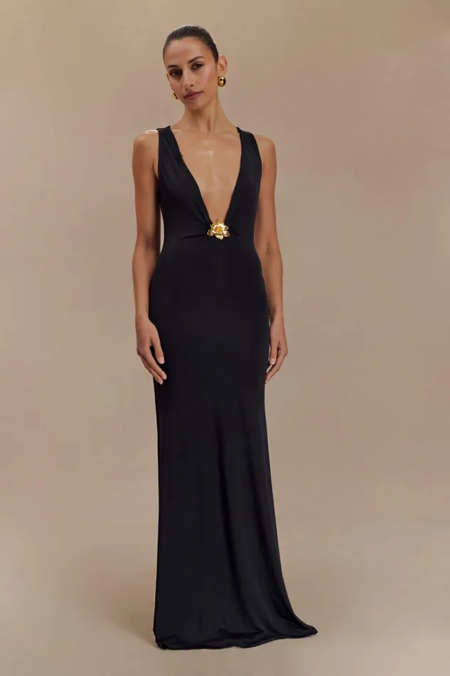 Women Meshki Dresses Beck Plunge Maxi Dress With Floral Hardware 8211 Black