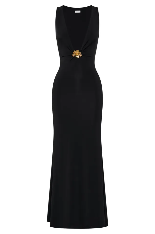 Women Meshki Dresses Beck Plunge Maxi Dress With Floral Hardware 8211 Black