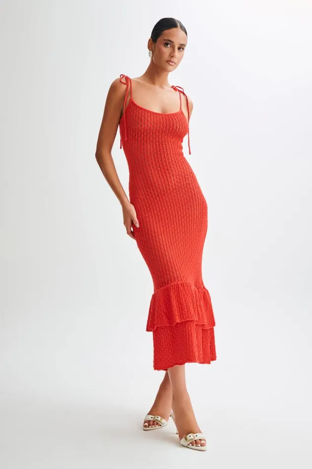 Women Meshki Dresses Bianca Knit Midi Dress 8211 Pomegranate