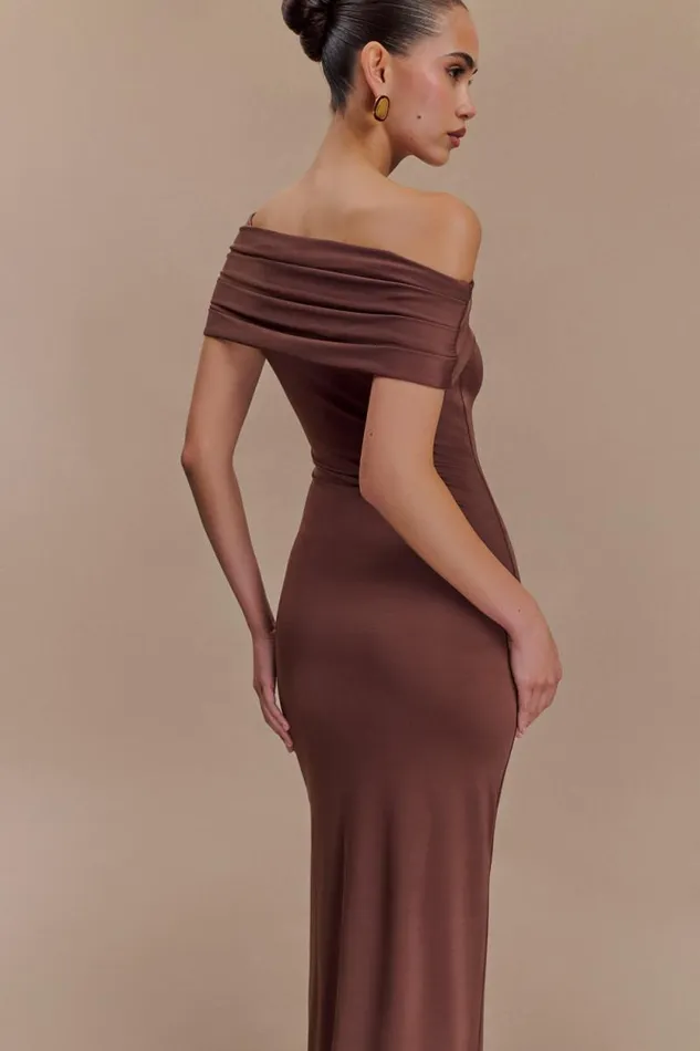 Women Meshki Dresses Cassandra Off Shoulder Slinky Maxi Dress 8211 Chocolate