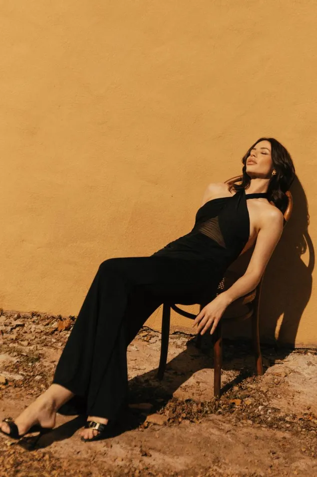 Women Meshki Dresses Caterina Slinky Mesh Halter Maxi Dress 8211 Black