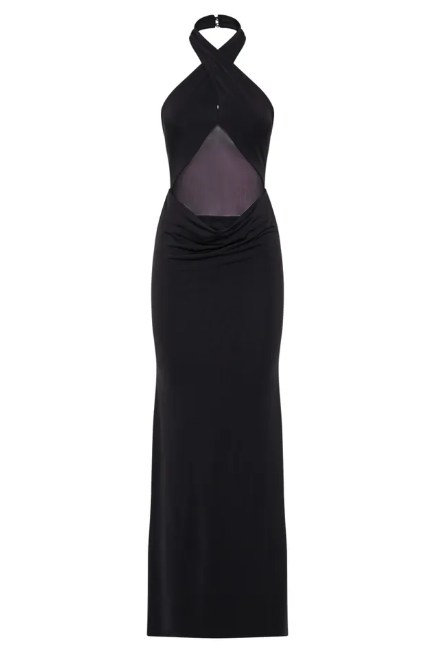 Women Meshki Dresses Caterina Slinky Mesh Halter Maxi Dress 8211 Black