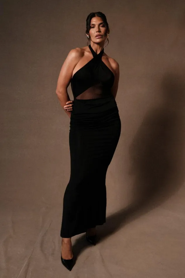 Women Meshki Dresses Caterina Slinky Mesh Halter Maxi Dress 8211 Black