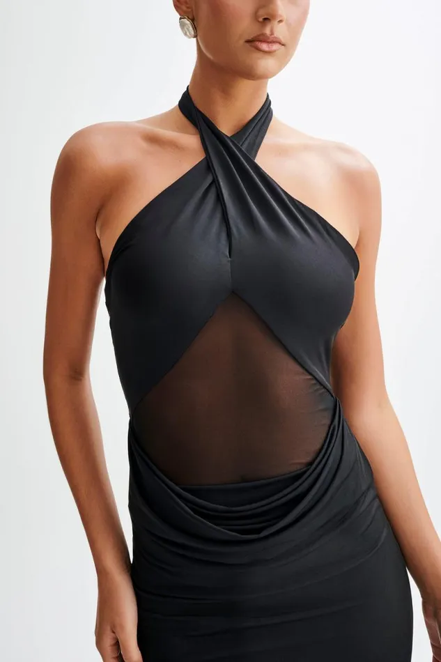 Women Meshki Dresses Caterina Slinky Mesh Halter Maxi Dress 8211 Black
