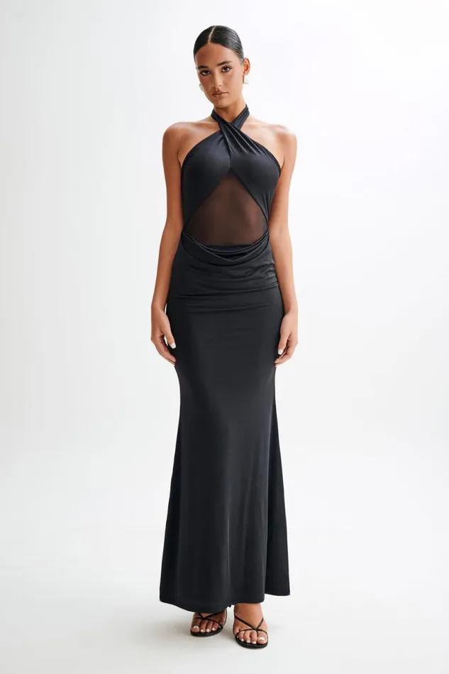 Women Meshki Dresses Caterina Slinky Mesh Halter Maxi Dress 8211 Black