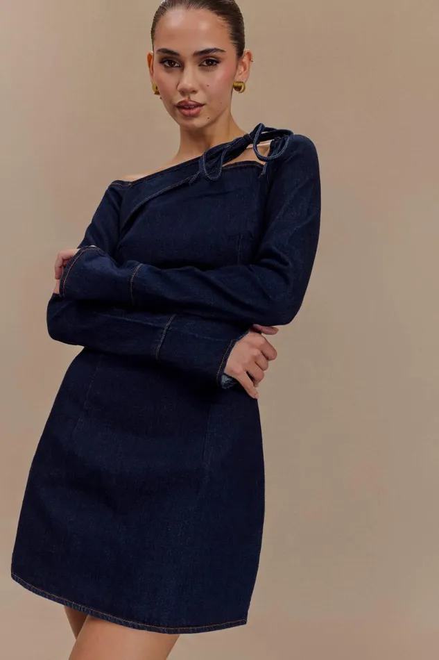 Women Meshki Dresses Cece Denim Mini Dress With Ties 8211 Indigo Blue