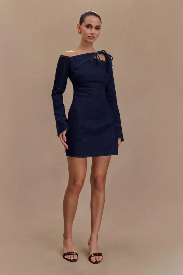 Women Meshki Dresses Cece Denim Mini Dress With Ties 8211 Indigo Blue