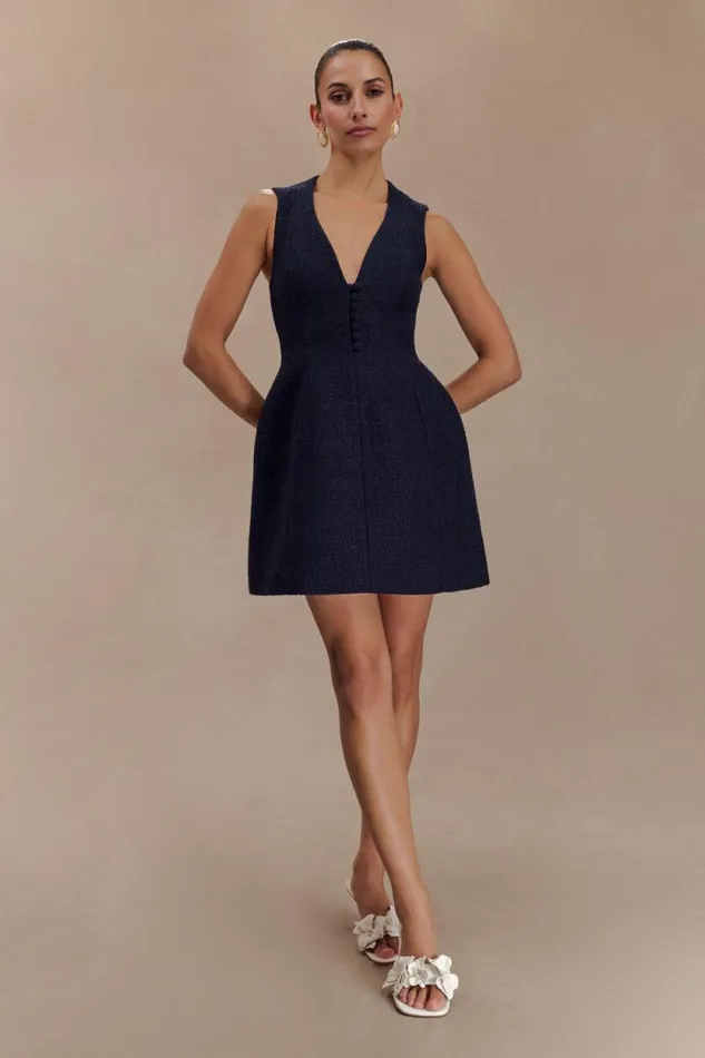 Women Meshki Dresses Danna Boucle Mini Dress With Pleats 8211 Midnight Blue