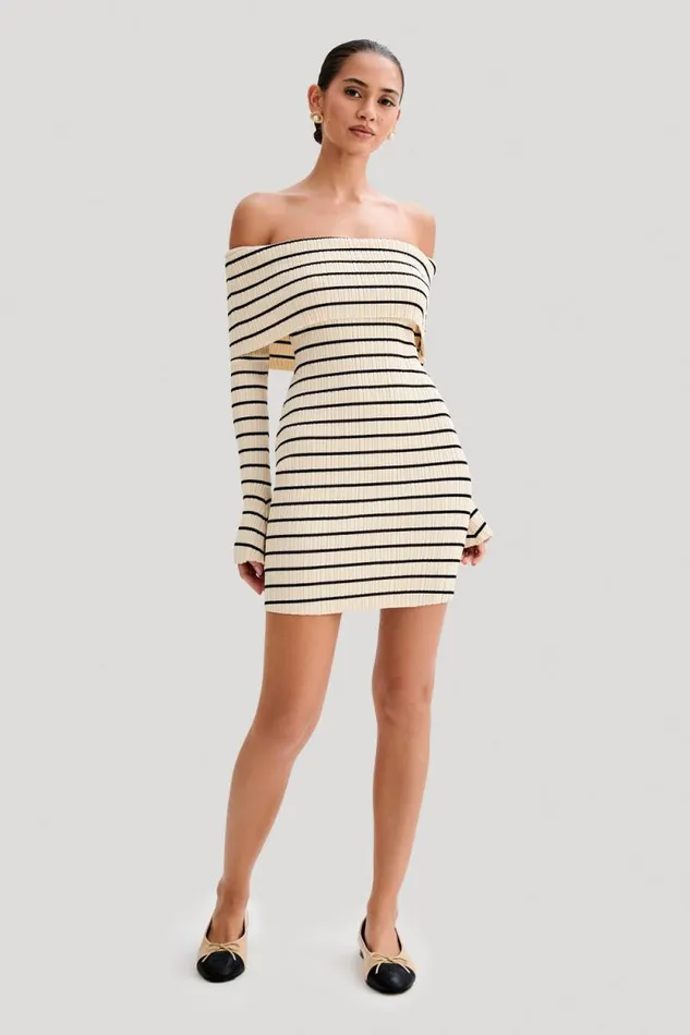 Women Meshki Dresses Dominica Off Shoulder Knit Mini Dress 8211 Ivory