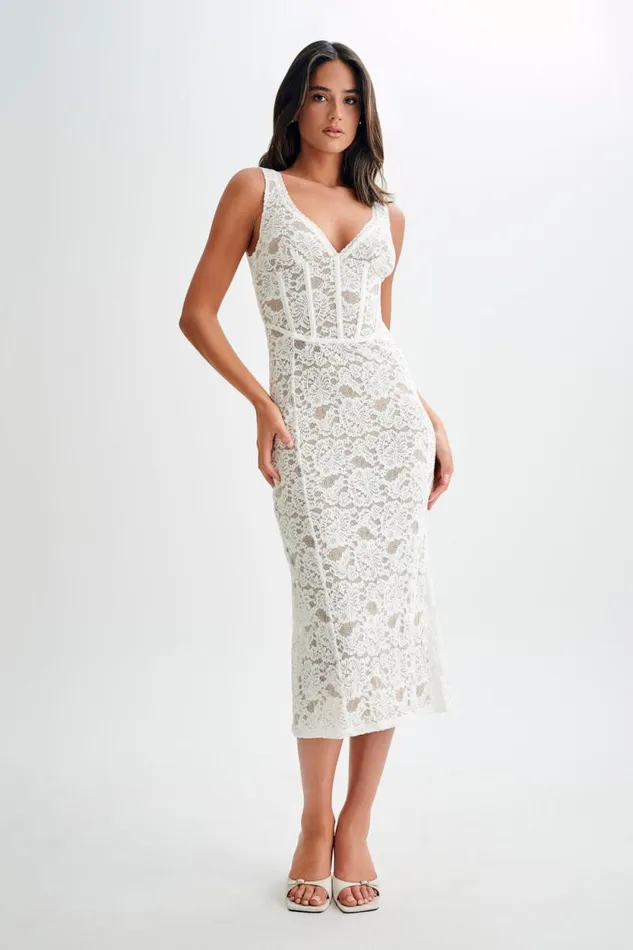 Women Meshki Dresses Doria Lace Plisse Midi Dress 8211 Ivory