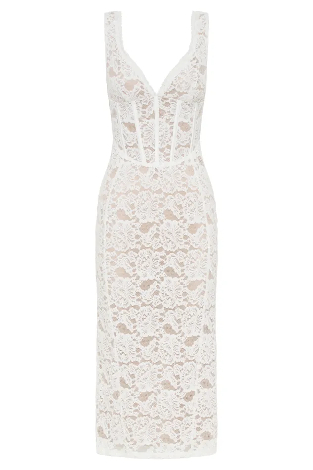 Women Meshki Dresses Doria Lace Plisse Midi Dress 8211 Ivory