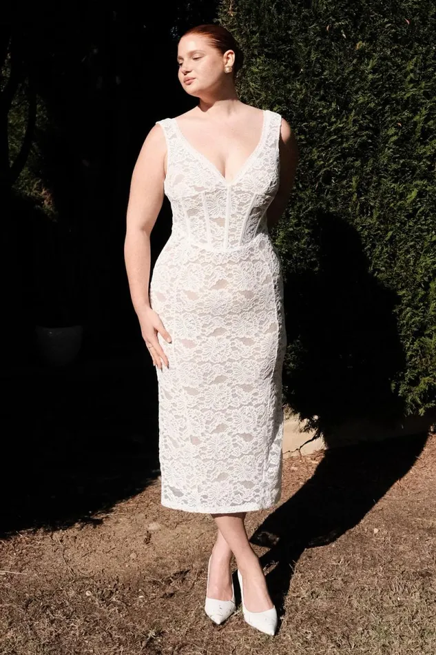 Women Meshki Dresses Doria Lace Plisse Midi Dress 8211 Ivory