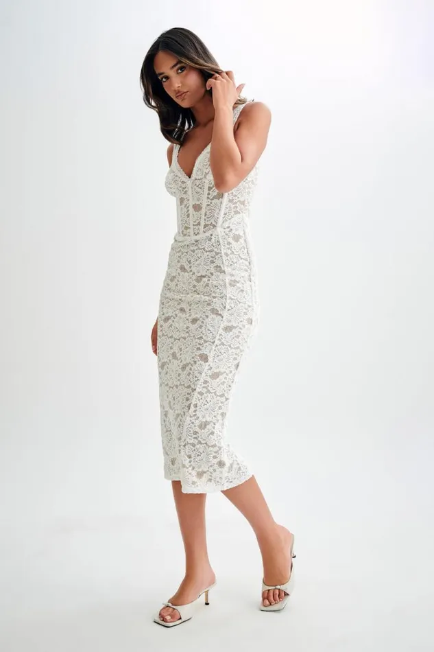 Women Meshki Dresses Doria Lace Plisse Midi Dress 8211 Ivory