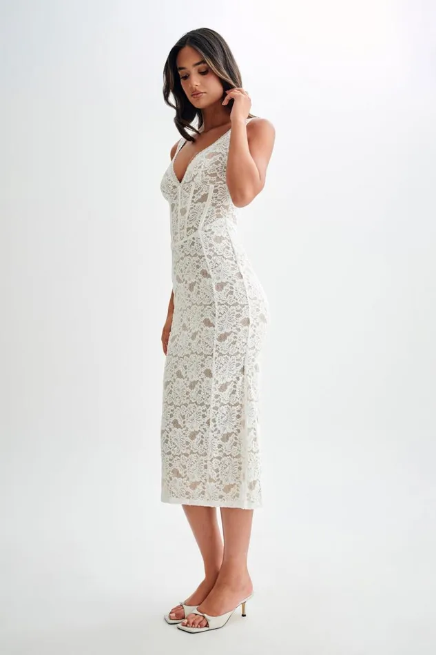 Women Meshki Dresses Doria Lace Plisse Midi Dress 8211 Ivory