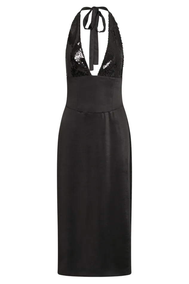 Women Meshki Dresses Ebony Satin Midi Dress With Sequins 8211 Black