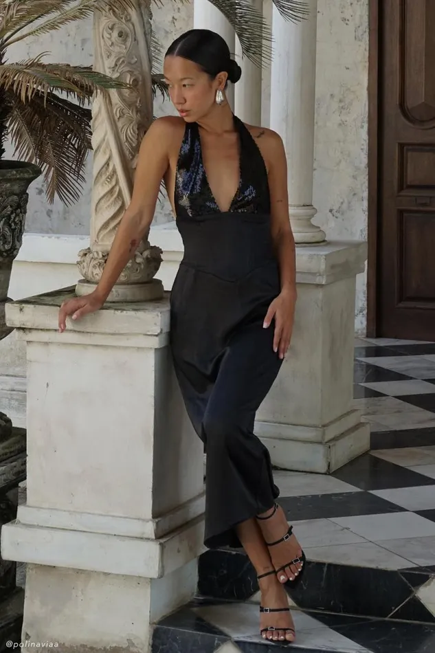 Women Meshki Dresses Ebony Satin Midi Dress With Sequins 8211 Black