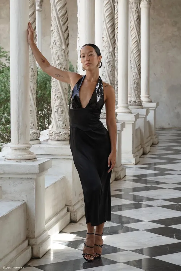 Women Meshki Dresses Ebony Satin Midi Dress With Sequins 8211 Black