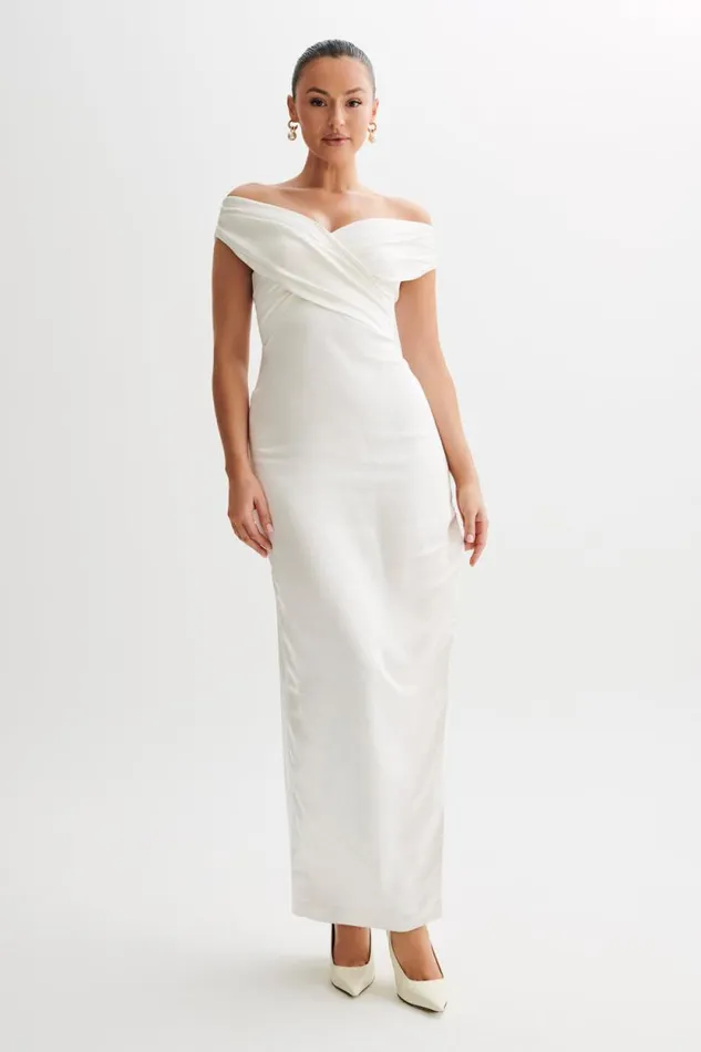 Women Meshki Dresses Harley Off Shoulder Satin Maxi Dress 8211 Ivory