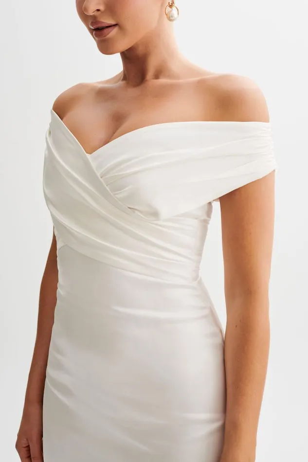 Women Meshki Dresses Harley Off Shoulder Satin Maxi Dress 8211 Ivory