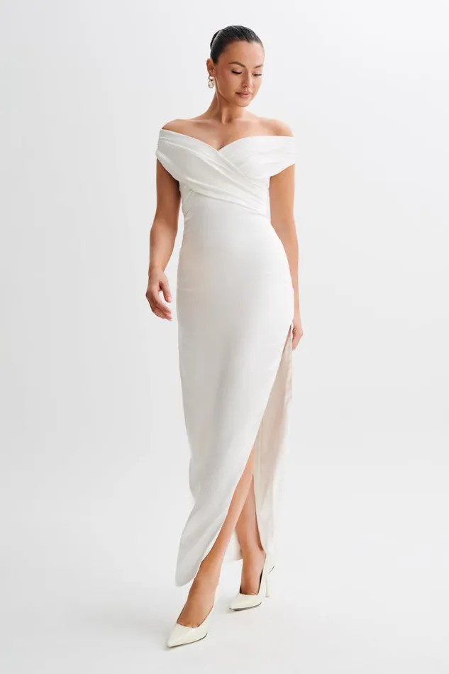Women Meshki Dresses Harley Off Shoulder Satin Maxi Dress 8211 Ivory