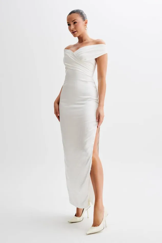Women Meshki Dresses Harley Off Shoulder Satin Maxi Dress 8211 Ivory