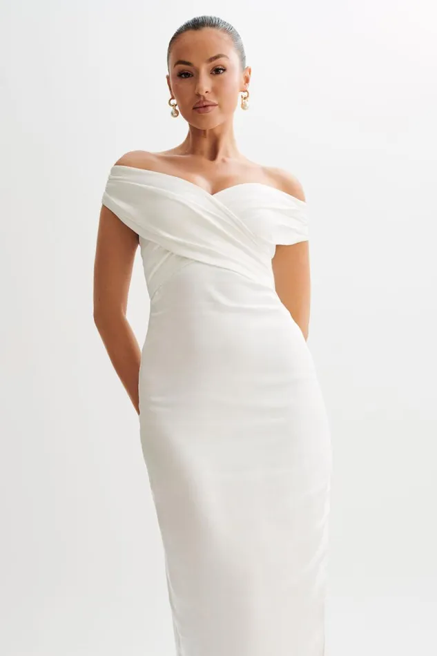 Women Meshki Dresses Harley Off Shoulder Satin Maxi Dress 8211 Ivory