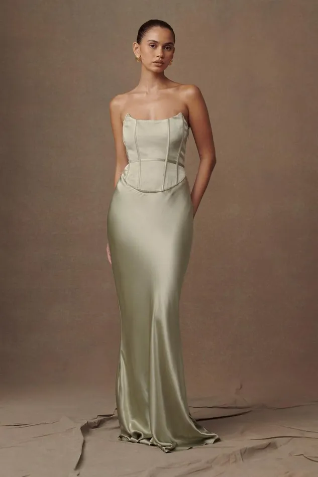 Women Meshki Dresses Harlow Satin Strapless Maxi Dress 8211 Sage