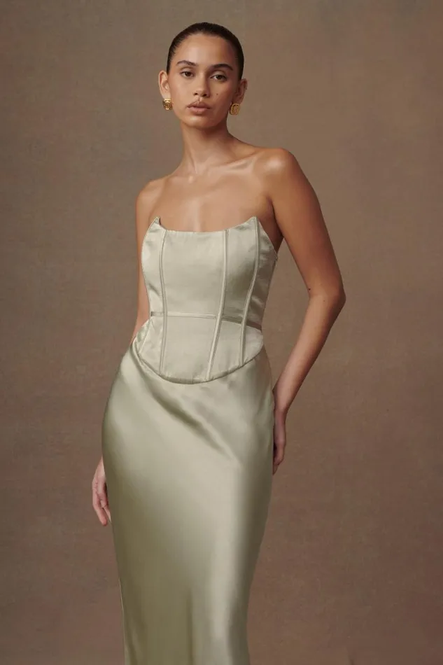 Women Meshki Dresses Harlow Satin Strapless Maxi Dress 8211 Sage