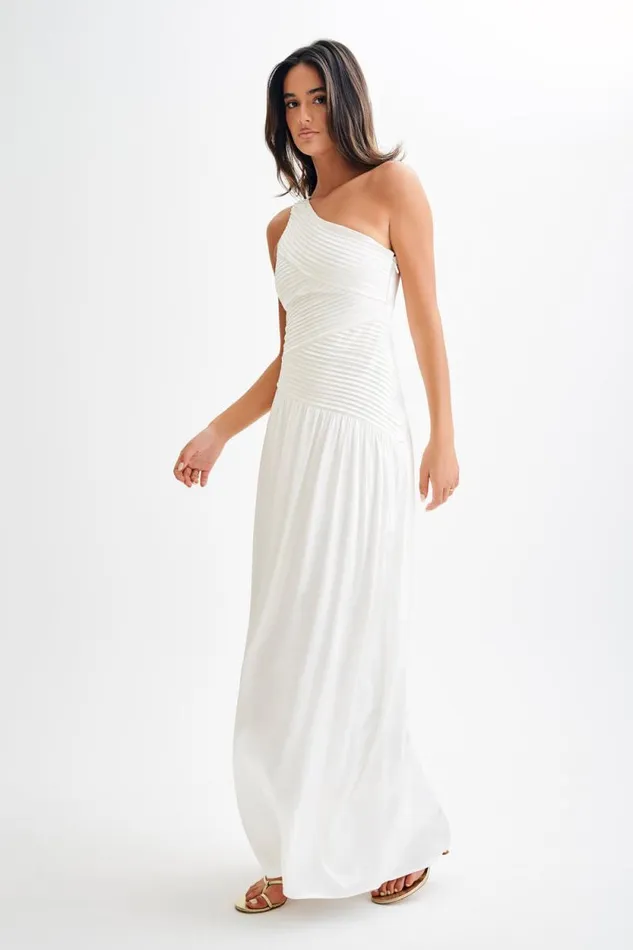 Women Meshki Dresses Jenna One Shoulder Pleated Maxi Dress 8211 Ivory