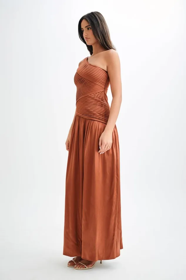 Women Meshki Dresses Jenna One Shoulder Pleated Maxi Dress 8211 Wood