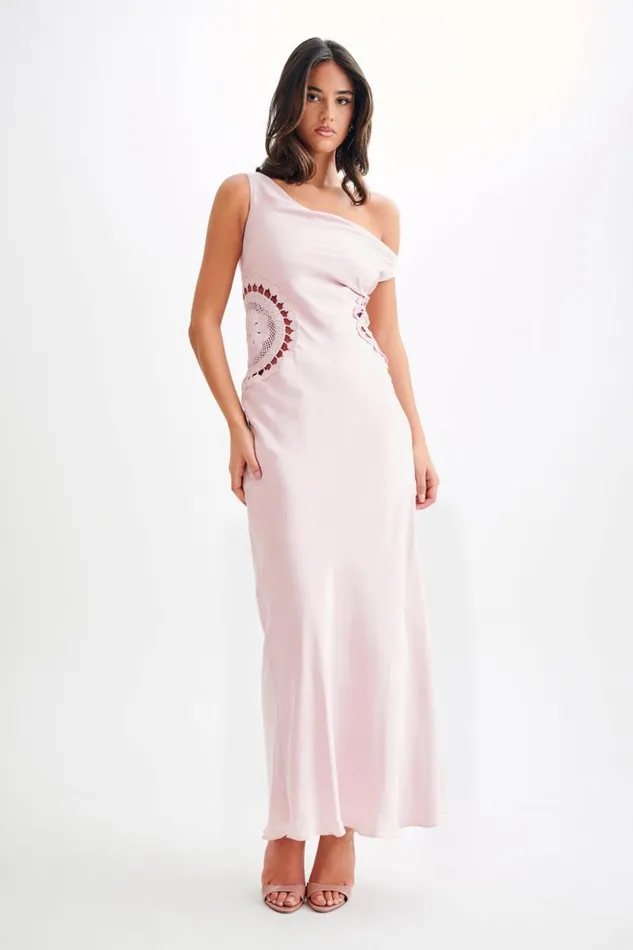Women Meshki Dresses Kristina Satin Maxi Dress With Crochet 8211 Pale Pink