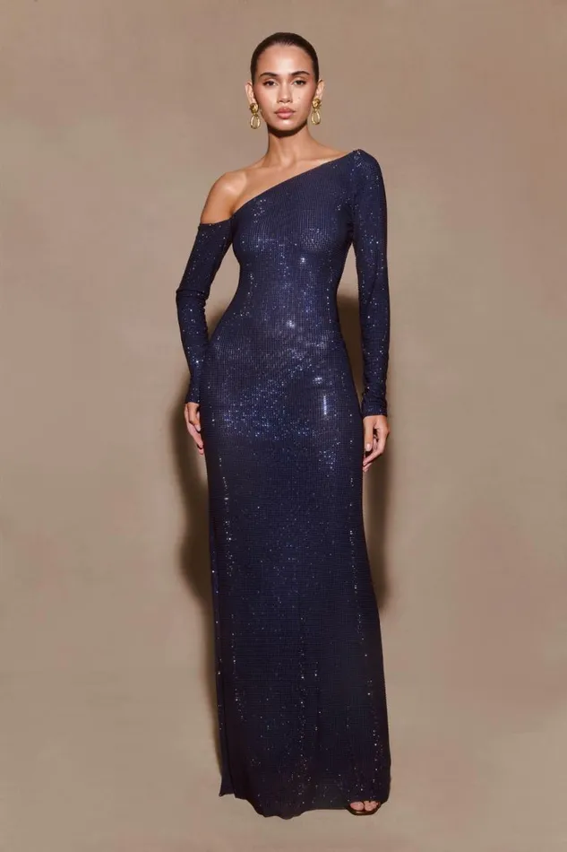 Women Meshki Dresses Marcia Diamante Long Sleeve Maxi Dress 8211 Navy