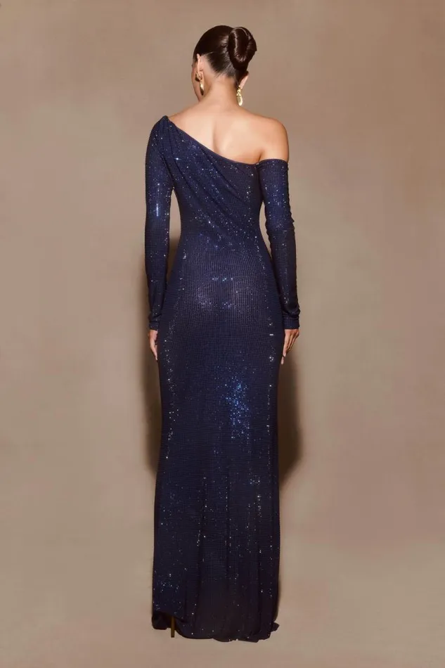 Women Meshki Dresses Marcia Diamante Long Sleeve Maxi Dress 8211 Navy