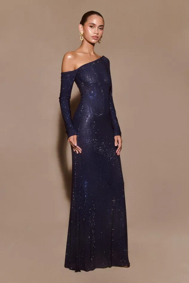 Women Meshki Dresses Marcia Diamante Long Sleeve Maxi Dress 8211 Navy