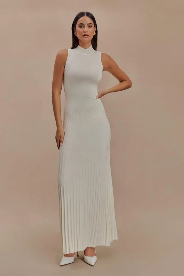 Women Meshki Dresses Mavis High Neck Pleated Maxi Dress 8211 Ivory