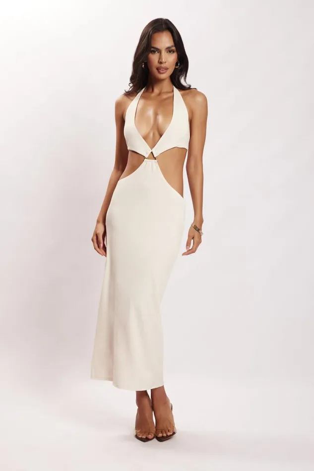 Women Meshki Dresses Natalie Halter Neck Cut Out Midi Dress 8211 Bone