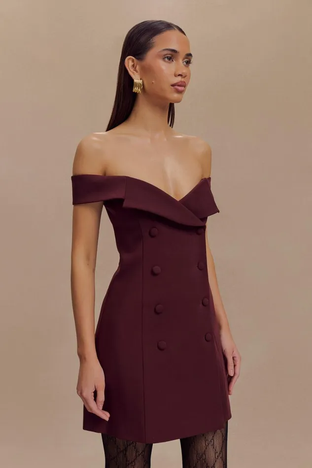 Women Meshki Dresses Noelle Off Shoulder Suiting Mini Dress 8211 Mahogany
