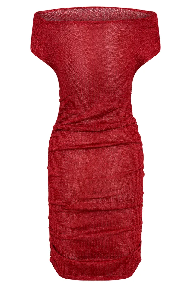 Women Meshki Dresses Pasha Off Shoulder Knit Mini Dress 8211 Red