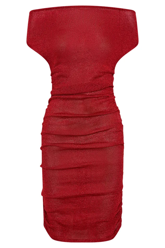 Women Meshki Dresses Pasha Off Shoulder Knit Mini Dress 8211 Red