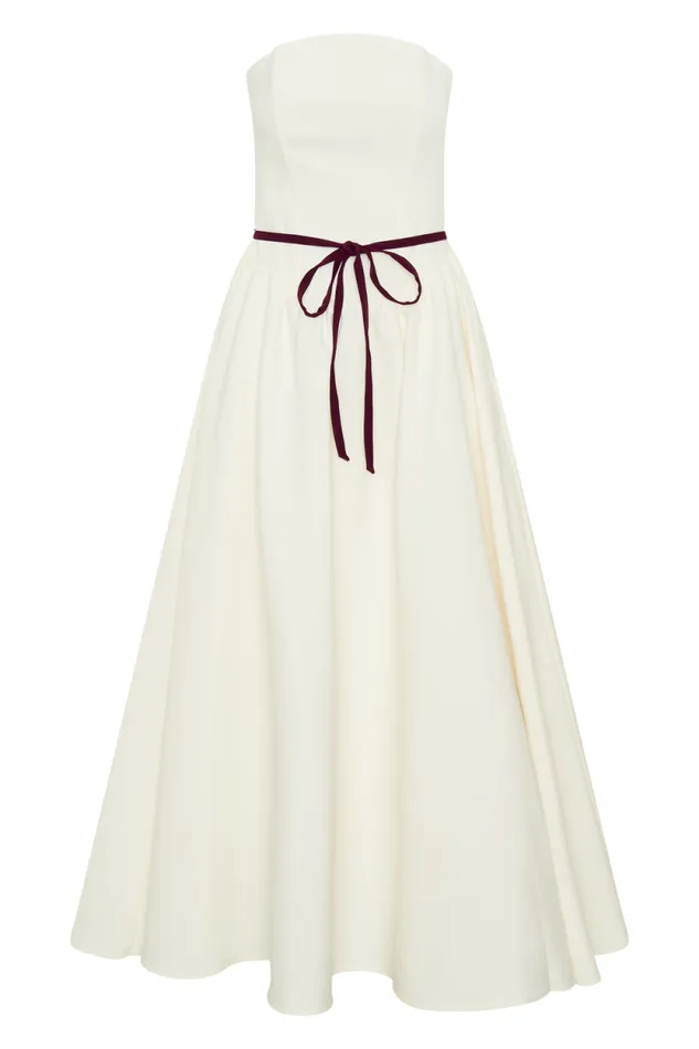 Women Meshki Dresses Penny Strapless Contrast Midi Dress 8211 Ivory and Burgundy